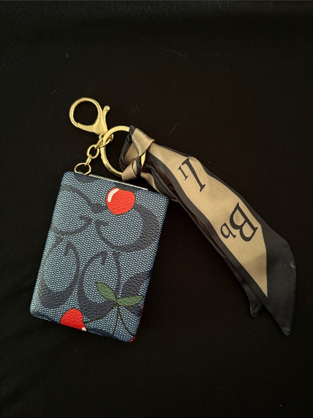 Blue Cherry Print Fashion Double Sided Mirror Keychain Bag Charm with Scarf